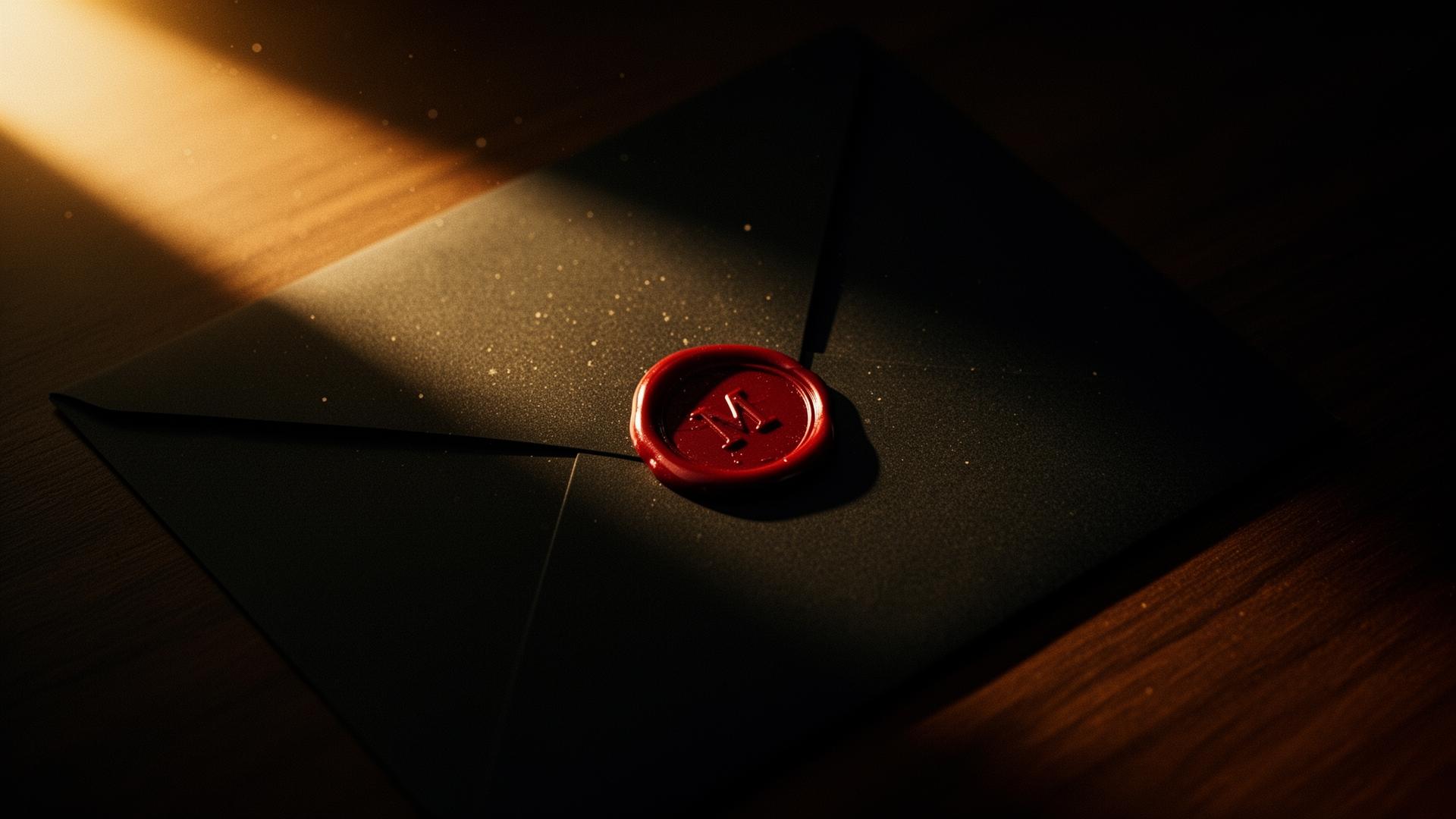 A matte black envelope sealed with crimson wax in tungsten light